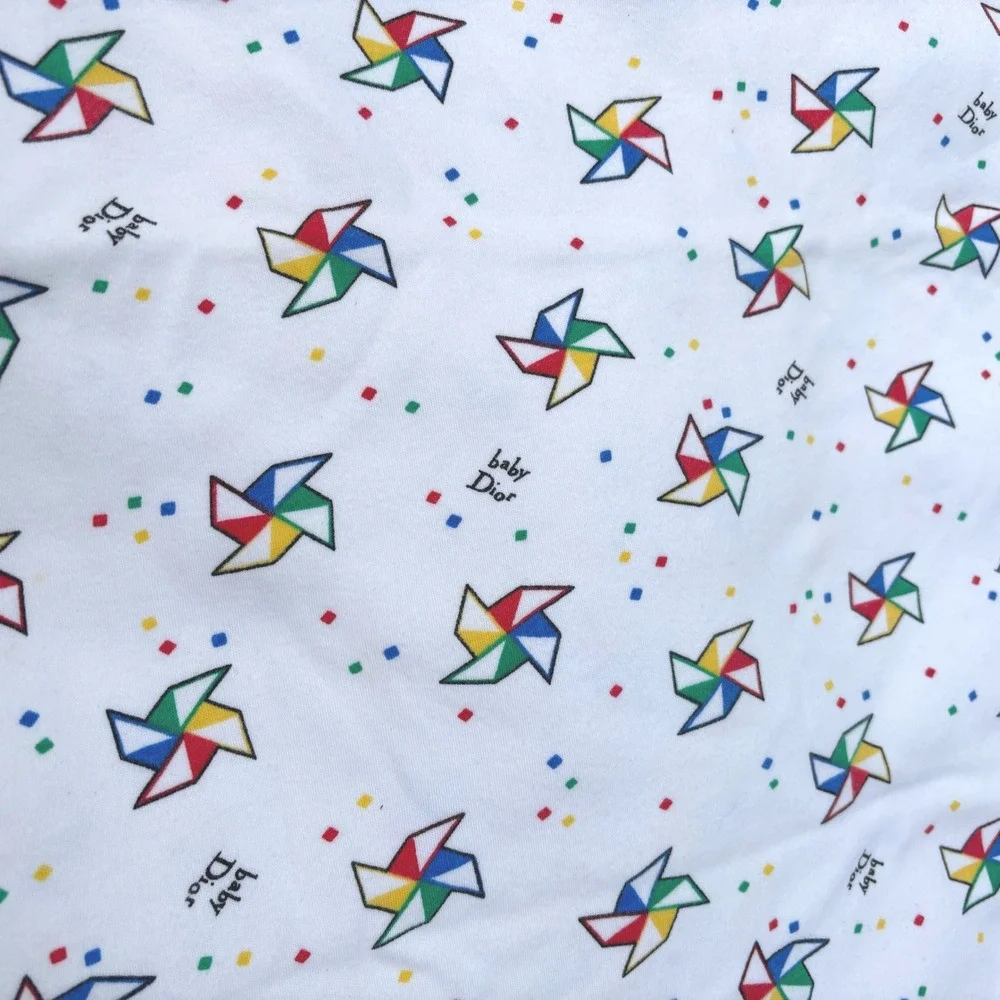 Vintage 80s Baby Dior Pinwheel Print Cotton Blanket Satin Trim White Multi 32x28